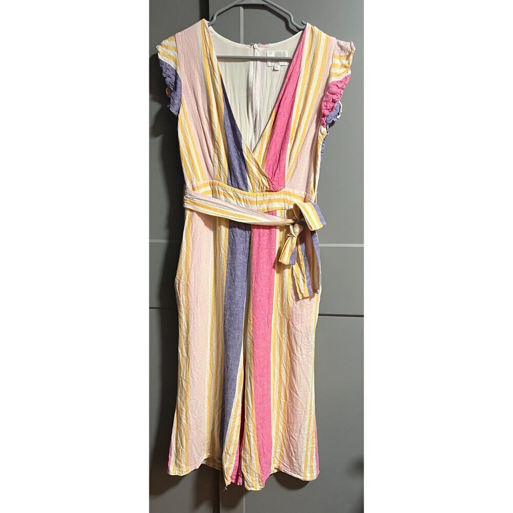 Line And Dot Women Kairi Flamingo Pastel Stripe Linen Crop Ankle Jumpsuit Medium